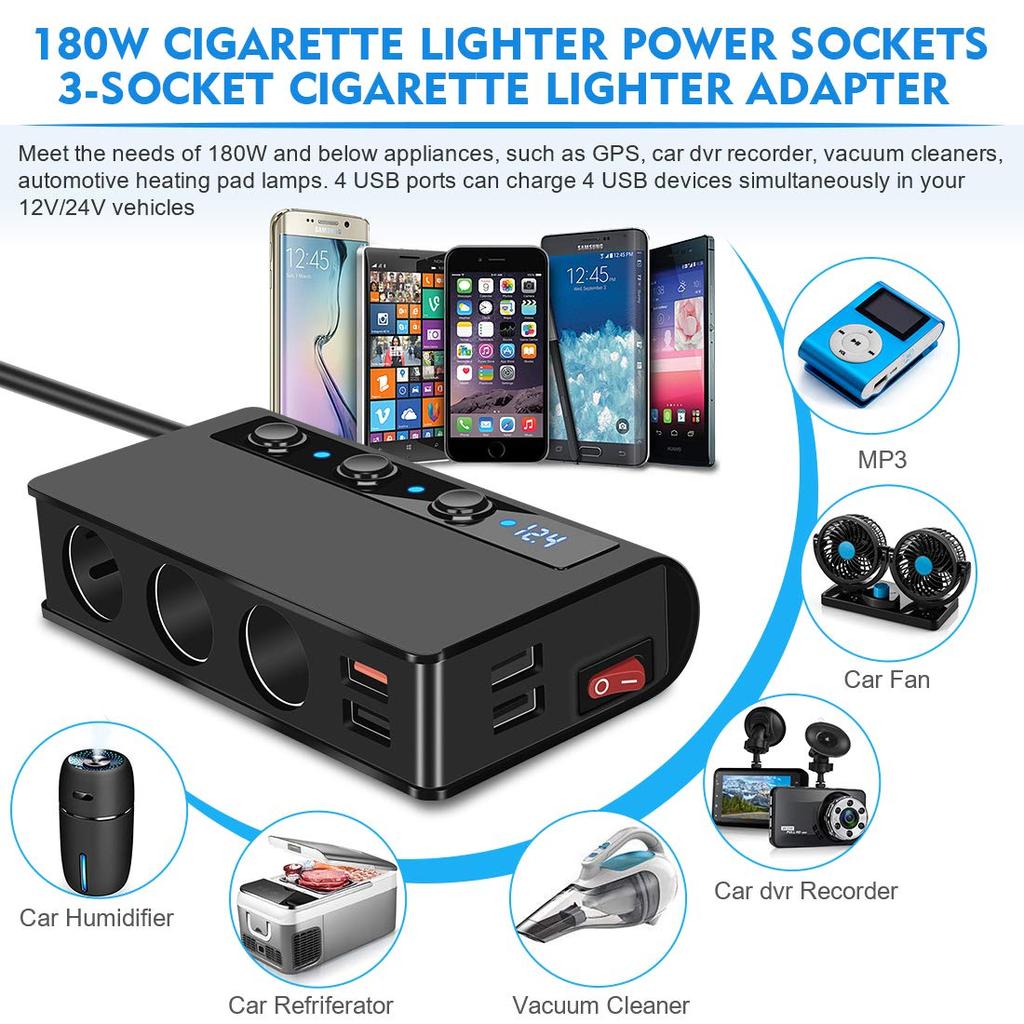 12-24V Car Cigarette Lighter 3 Sockets Splitter Adapter 180W Auto 3/4 USB QC3.0 Power Socket With ON/OFF LED Voltage Car Charger