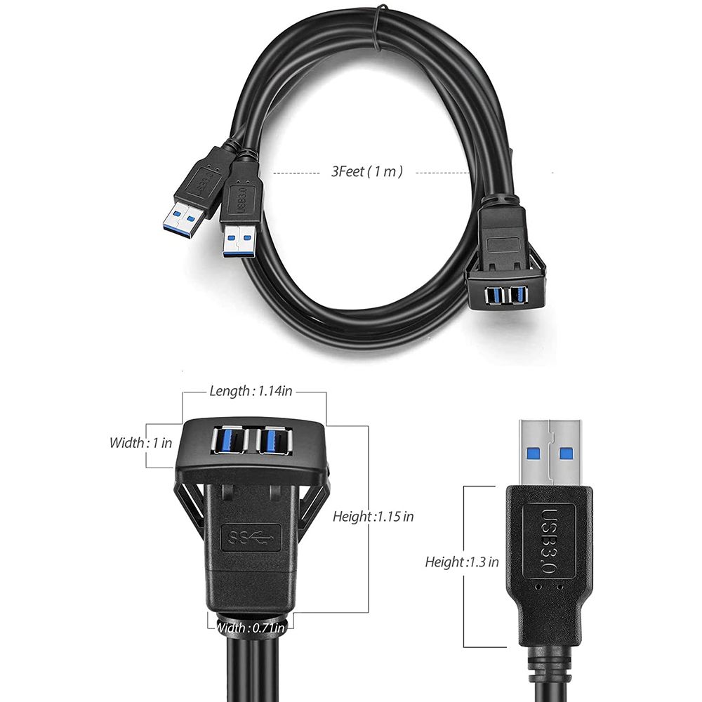 3-футовый квадратный удлинительный кабель USB 3.0 для приборной панели автомобиля с двумя портами и скрытым монтажом