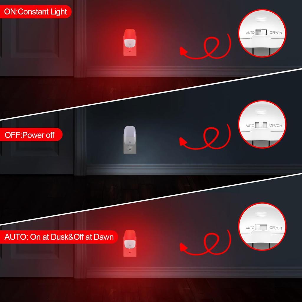 670nm Red Night Light with Retractable Plug [4 Pack] - Zero Blue Light, with Dusk to Dawn Sensor - Auto On/Off 0.3W LED Night Light Plug into Wall