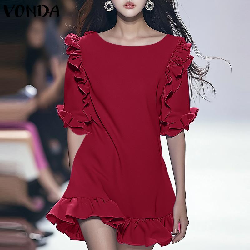 VONDA Women Summer Round Neck Ruffle Short Sleeve Dresses