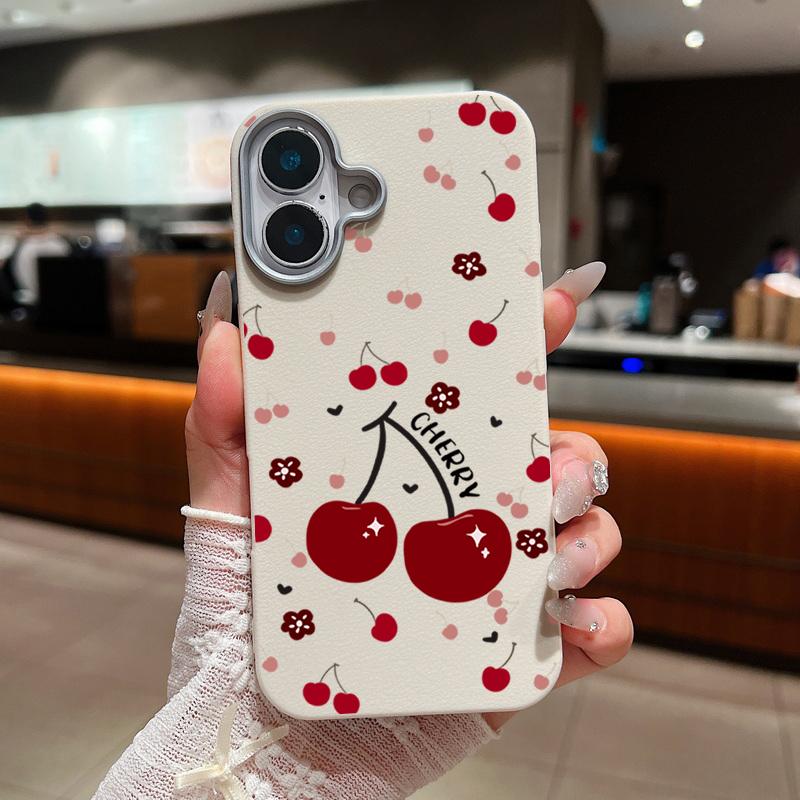 Cherry Patterned Phone Case for iPhone 16 Pro 15 14 Plus 13 12 Pro Max 11 Shockproof Leather Texture Soft Tpu Slim Matte Case Cover