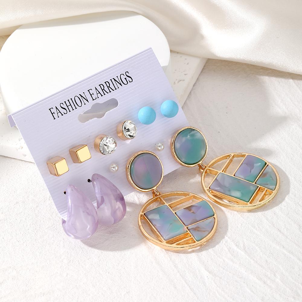 2023 Серьги для вечеринок Золотые квадратные стерео серьги с бриллиантами Deluxe Фиолетовые серьги-капли 10 шт. Набор Большие круглые дуговые синие круглые бусины Симпатичные ювелирные изделия в подарок