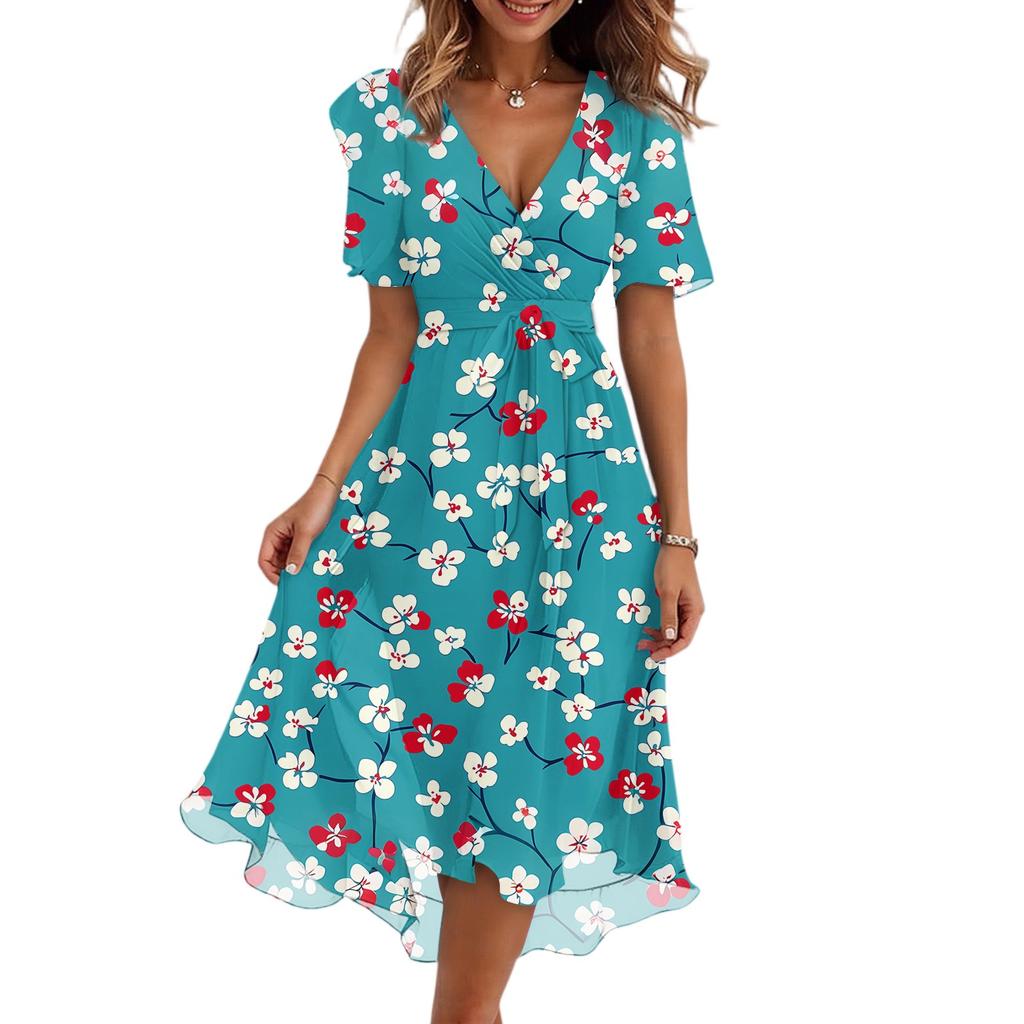 Women's Fashion Casual V Neck Short Sleeve Ruffled Vintage Printed Dresses