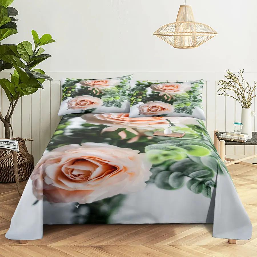 Pink Floral Bed Sheet Set Pillowcase Bedding Linens Cover Flower Queen King Twin Full Size for Single Double Bed Soft Thin
