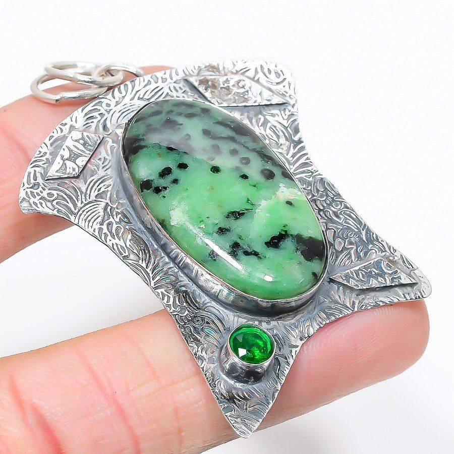Ruby In Zoisite, Diopside Ethnic 925 Silver Jewelry Pendant 2.68" S6w37
