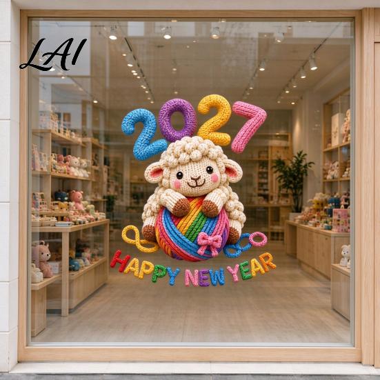 Colorful New Year Window Ornaments 2027 Clings Faux Knit Pattern Cartoon Sheep Static Cute Wool Texture Decals Glass Sticker for Door Mirror Wall,