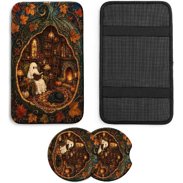Wildflowers Car Armrest Cover with 2 Coasters | 3-piece 5 mm neoprene set with one 12.6 x 7.5 in console cushion and two 2.75 in matching cup holder