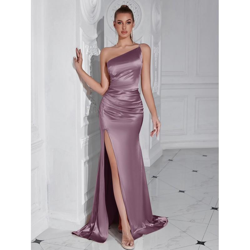 Elegant One-Shoulder Ruched Split Midi Dress Party Evening Wear Women