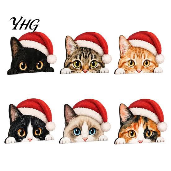 Wooden Animal Craft Cute Cat Shelf Sitter, Christmas Hat Peeking Desk Figurine, Funny Scene Accessories Sign, Lover Gift for Holiday Home Office
