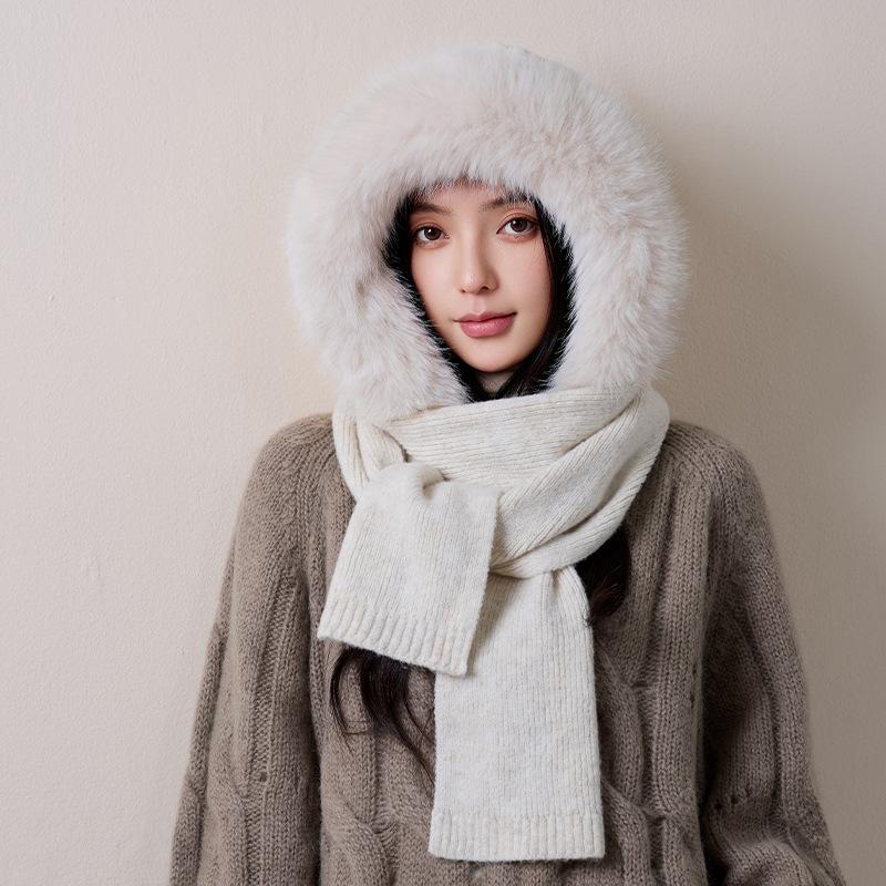Temperament hat women's scarf 2-in-1 knitted hat thickened warm wool hat windproof ear protection headgear hat