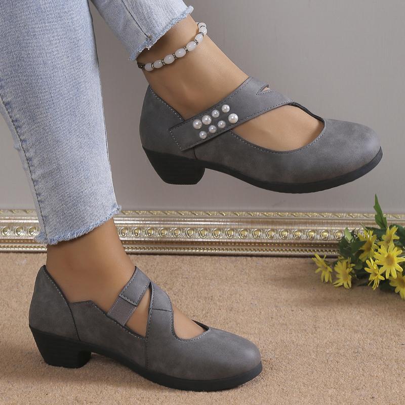 Женская повседневная обувь 2024 Осень Мода Жемчуг Круглый носок Средний каблук Женская Повседневная Обувь на высоком каблуке Массивная обувь Обувь Большой размер 43