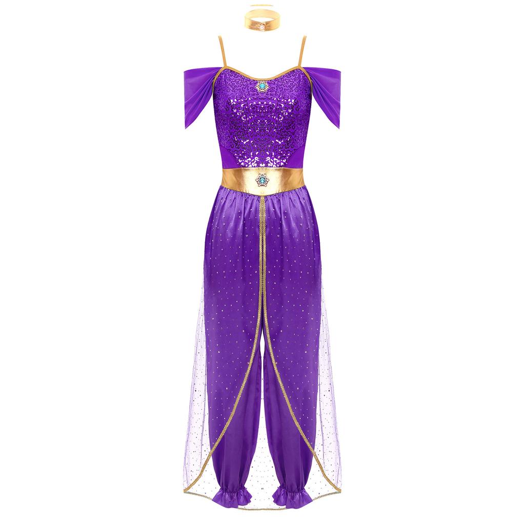 Womens Arabian Princess Belly Dance Costume Sequin Romper with Shiny Choker Collar for Halloween Role Play Parties