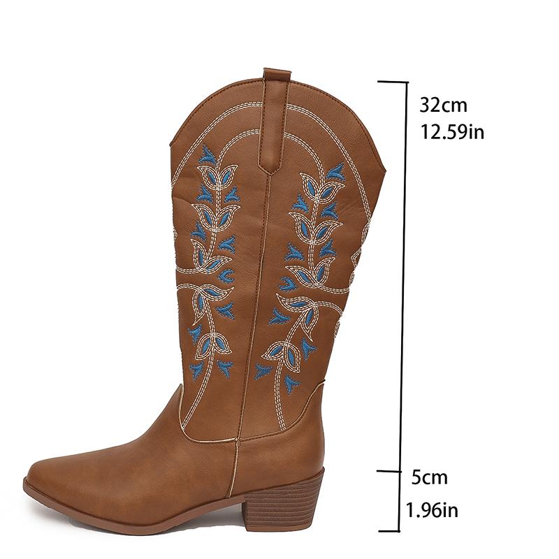 Мода Винтаж Вышивка Женщины Вестерн ковбойские сапоги Модные Slip On Длинные Ботильоны Дизайнер Толстый Каблук Туфли Botas Mujer