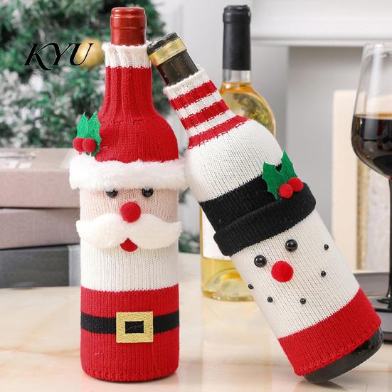 Christmas Table Setting Decor Wine Bottle Cover, Holiday Knitted Champagne Bag, Snowman Santa Stretchy Knit Topper Claus Elk Sweater for New
