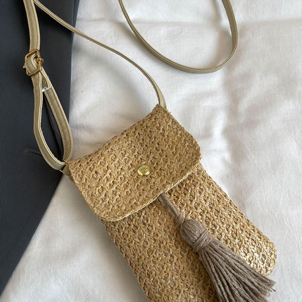 Weaving Straw Woven Handbag Long Tassel Korean Style Crossbody Bucket Bag Niche Design Solid Color Woven Beach Bag Summer
