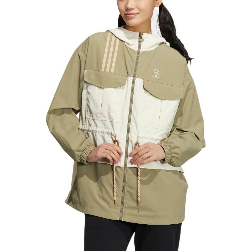 adidas Neo FW22 Лоскутная куртка с капюшоном на молнии и принтом логотипа Женские куртки цвета хаки HM2023