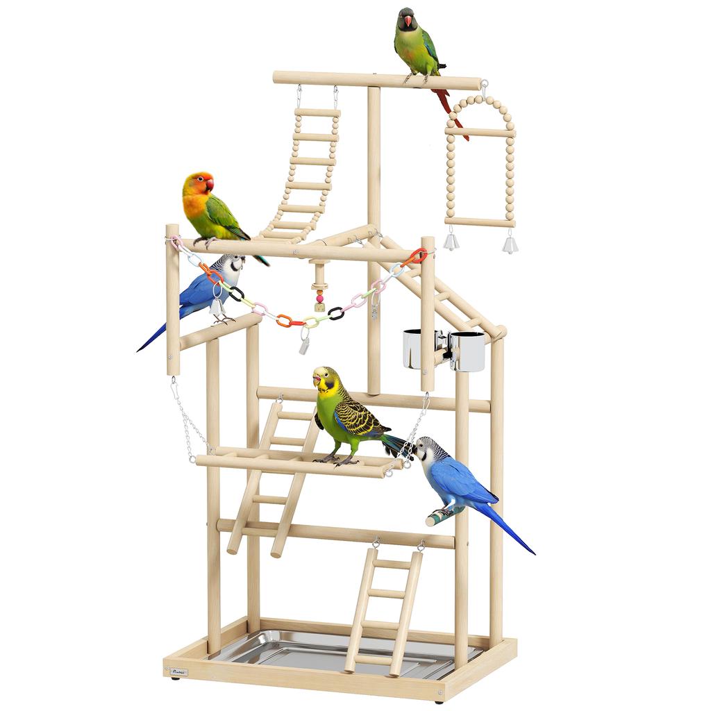95 cm Wooden Bird Playground with Ladders, Chain Toy, Stainless Steel Cups and Tray, Bird Cage Accessories, Natural