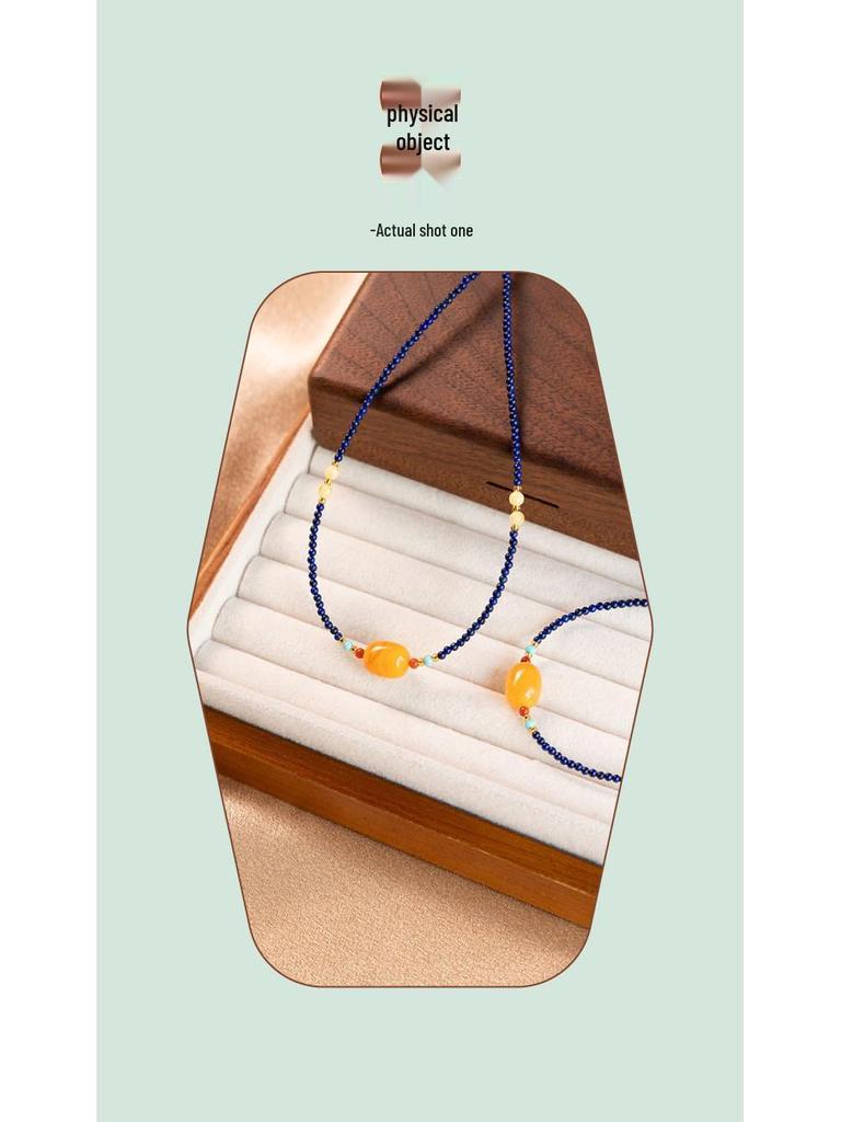 Натуральный лазурит и янтарь, бусины-рисинки, чокер