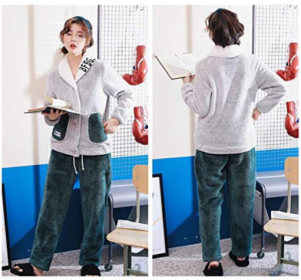 YANIKO Fluffy Loungewear Cardigan Set for Women's Fall/Winter (Green, XL)