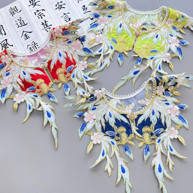 Exquisite Small Shawl with Ancient Style Embroidery Floral Pearl Beading Neckline Fake Collar Hanfu Costume Accessory