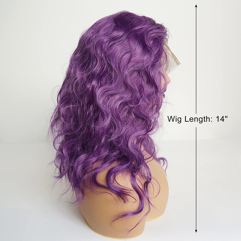VOCOSTE Heat-Resistant Lace Front Wig, Medium Long, Fluffy Curly Wavy Wig for Girls, Everyday Use, 35.5 cm, Purple