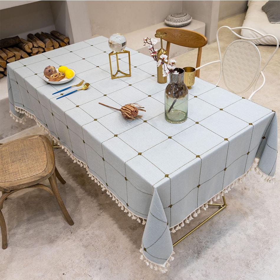 Серая Большая Квадратная Скатерть с Вышивкой и Кисточками, Пылезащитное Клетчатое Покрытие для Стола из Хлопка и Льна, Для Декора Кухонного Обеденного Стола