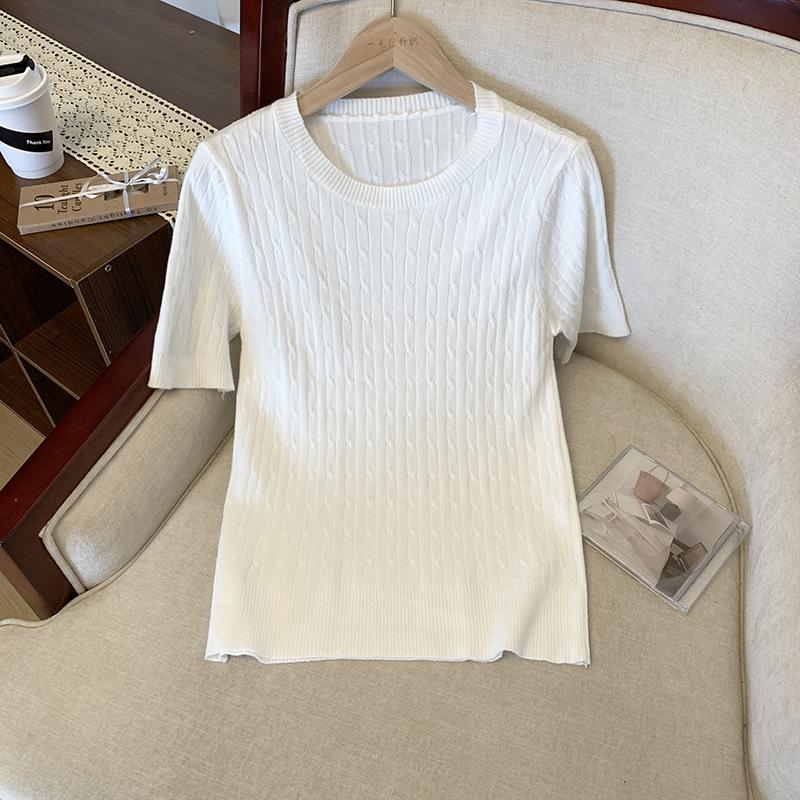 Real price, summer Korean version slim twist design sense solid color Tencel knitted short-sleeved top women