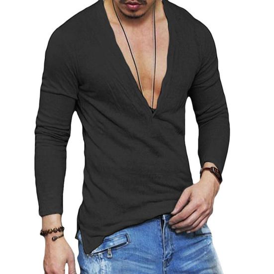 Men T-shirt V-neck Buttons Half Placket Long Sleeve Tee Shirt Solid Color Slim Fit Regular Style Breathable Tops