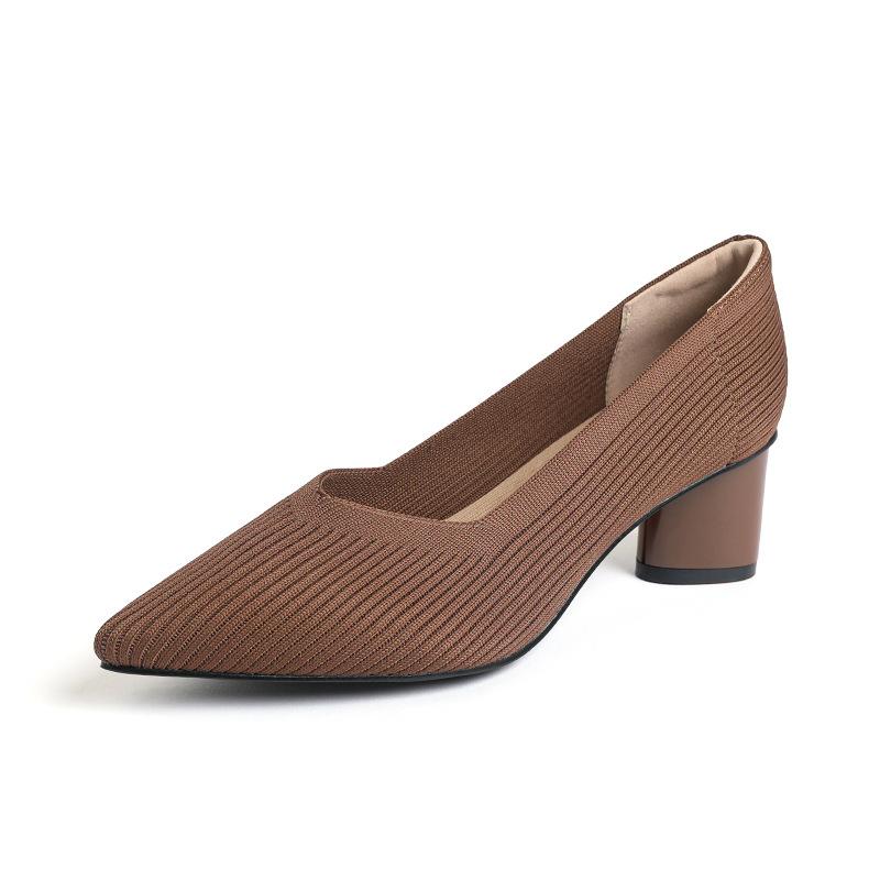Мода 2025 Острый носок Средний каблук Дышащие Удобные Вязаные туфли Женские Неглубокий вырез Массивный каблук Мода Zapatos De Mujer Туфли-лодочки