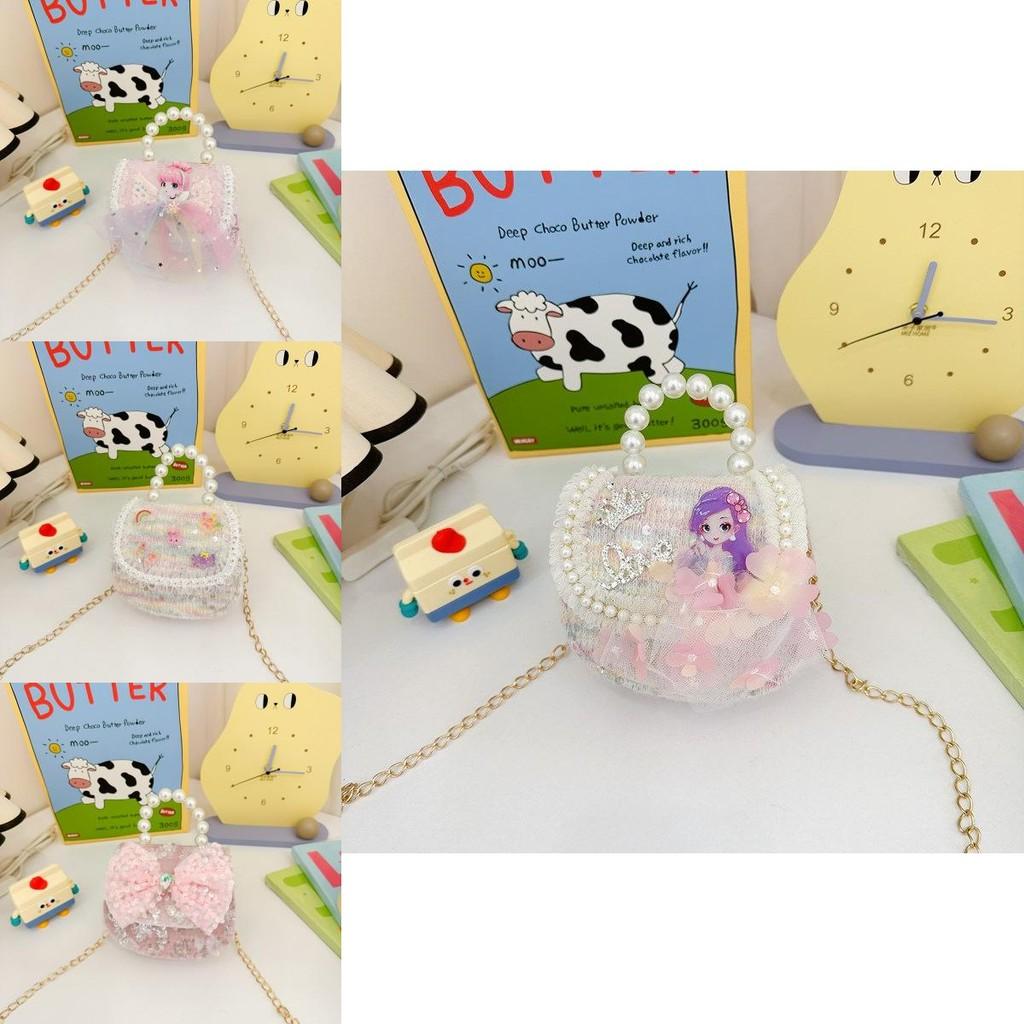 Детская сумка кроссбоди с бантиком, блестящая мультяшная сумка на плечо с ремешком из жемчужной цепочки