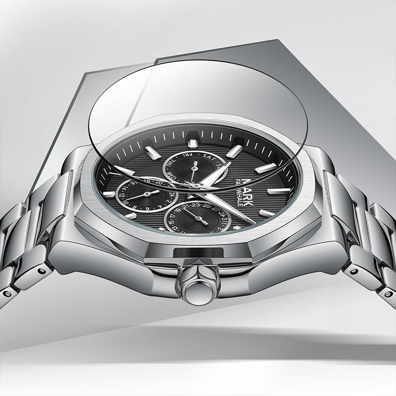 Mark Fairwhale  Men Quartz Watch Waterproof 3ATM Big Dial 44x52mm Alloy Case Metal Band Luminous Business Wristwatch