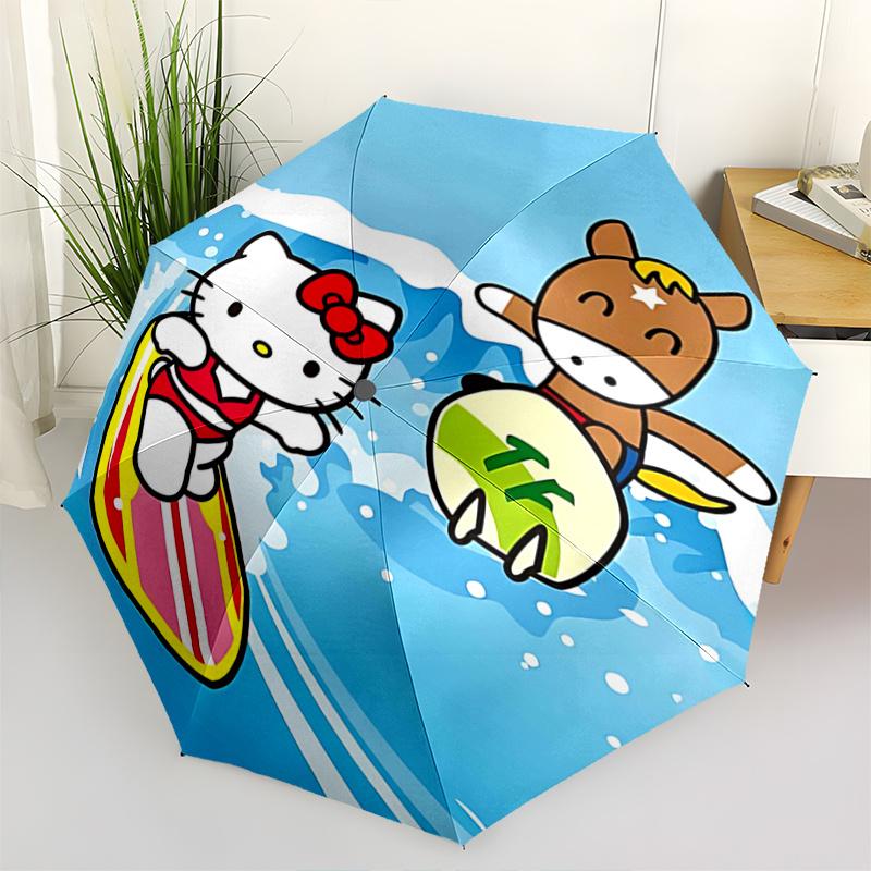 1pc Hello Kitty & TF Horse Surfing Friends Automatic Opening/Closing Umbrella - Portable Three-Fold Design with 8-Bone Iron Frame - Outdoor, Gift for