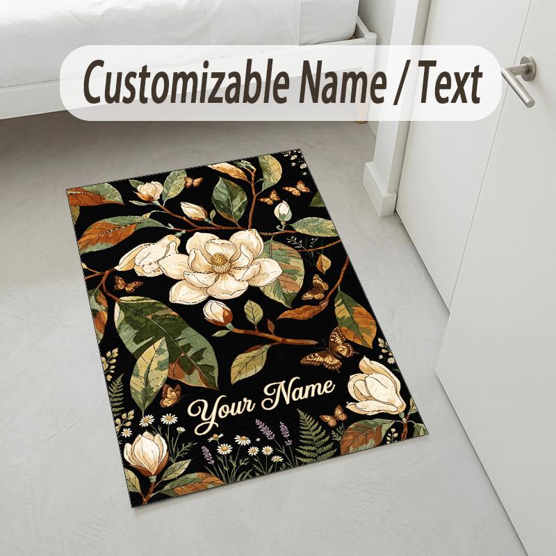 Floral Garden Theme Crystal Velvet Rug Personalized Custom Name Text Soft Floor Mat Home Decor