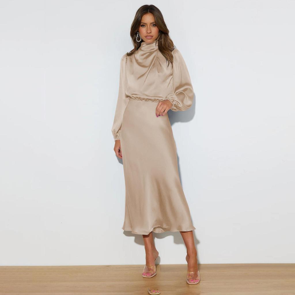 Женское весеннее вечернее платье с длинным рукавом-фонариком, элегантное длинное платье трапециевидной формы с бретелькой на шее и высокой талией, сплошной цвет