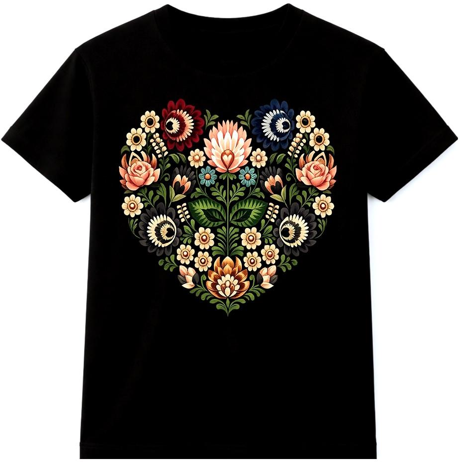 Floral Heart Folk Art Symmetrical Botanical Flower Romantic Garden Casual Tee