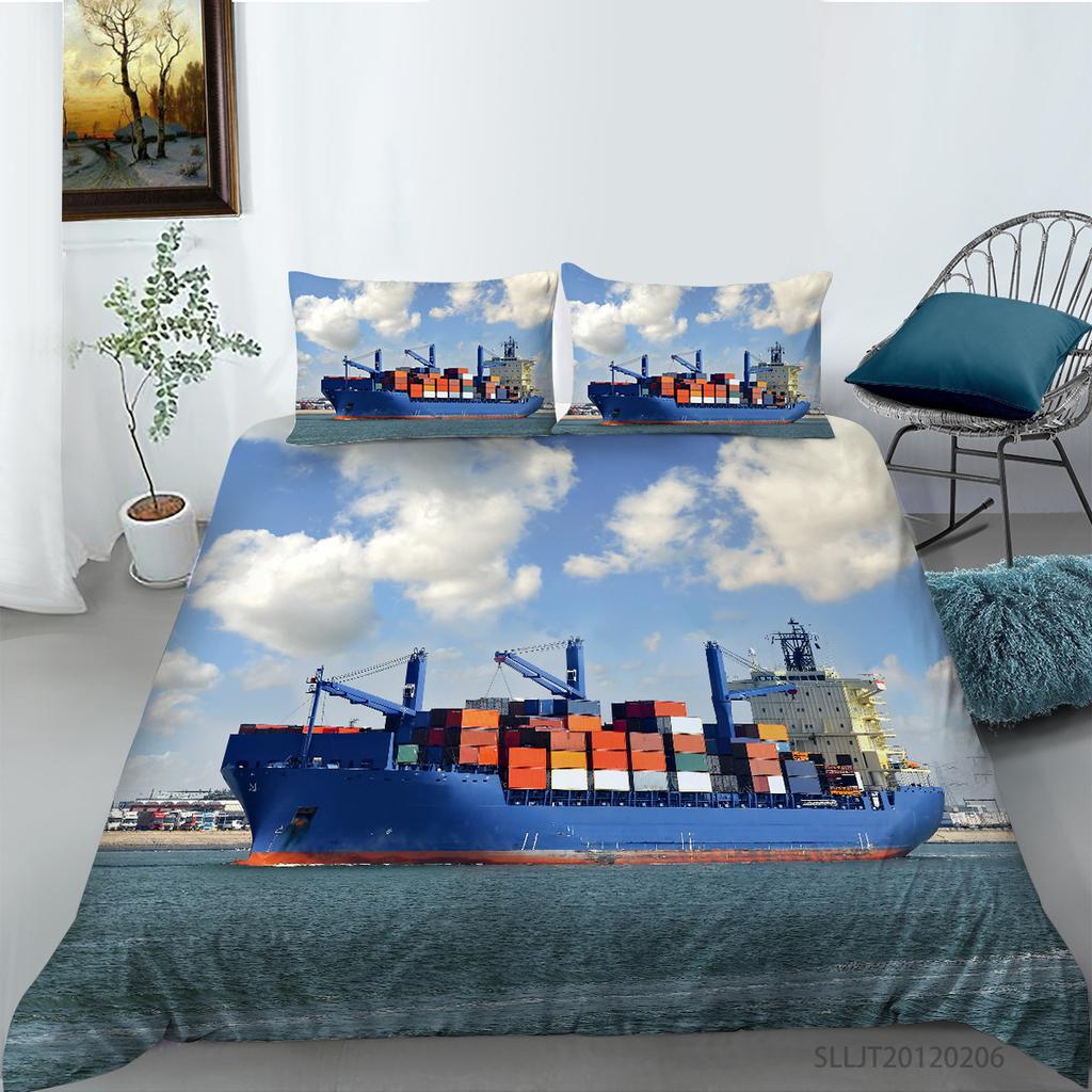 3D Ship Duvet Cover Set King Queen Size Large Freighter Container Print Bedding Set Blue Sea 2/3pcs Polyester Comforter Cover