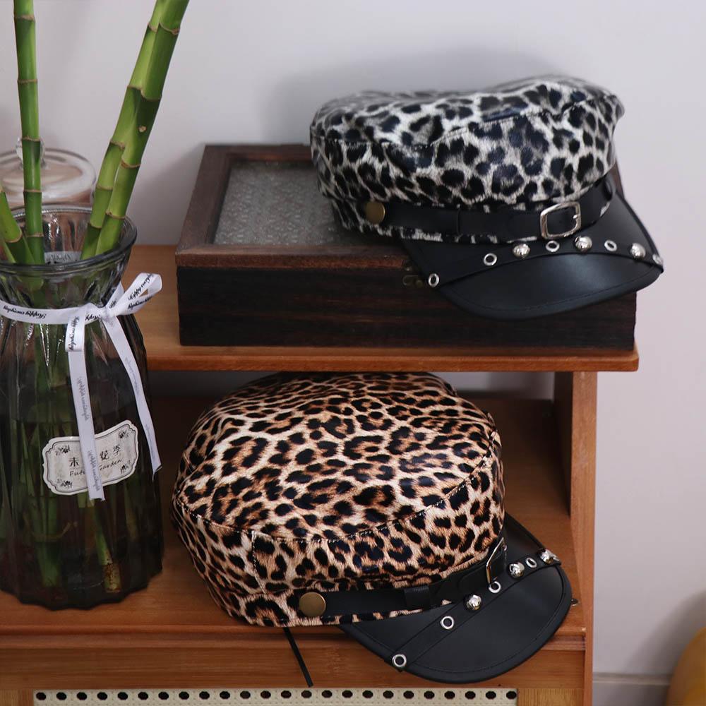 Харадзюку Заклепки Леопардовая Кепка Панк Плоская Кепка Модная Кепка-Берет Y2k для Женщин