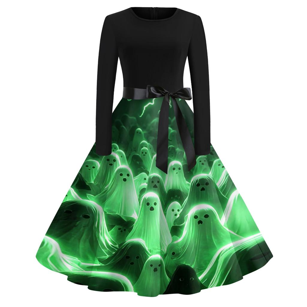 Women's Casual Vintage Halloween Print Dress Long Sleeve Round Neck Retro Style Fit and Flare Midi Dress with Waist Tie