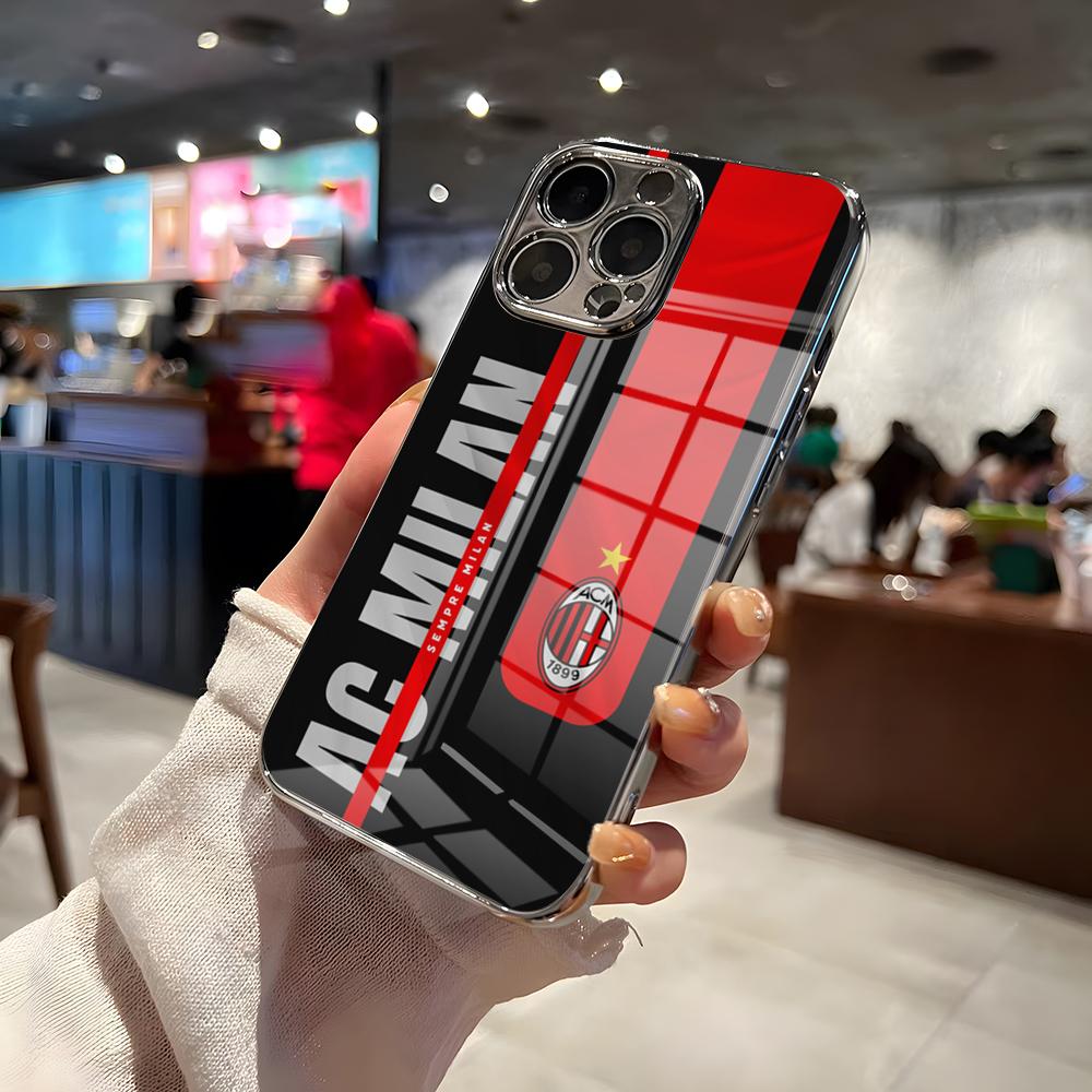 Чехол для телефона AC M-Milan-S для iPhone 17 Pro Max 15 Pro 16 14 Plus 12 13 Mini 11 Pro, противоударная гальванизированная стеклянная крышка