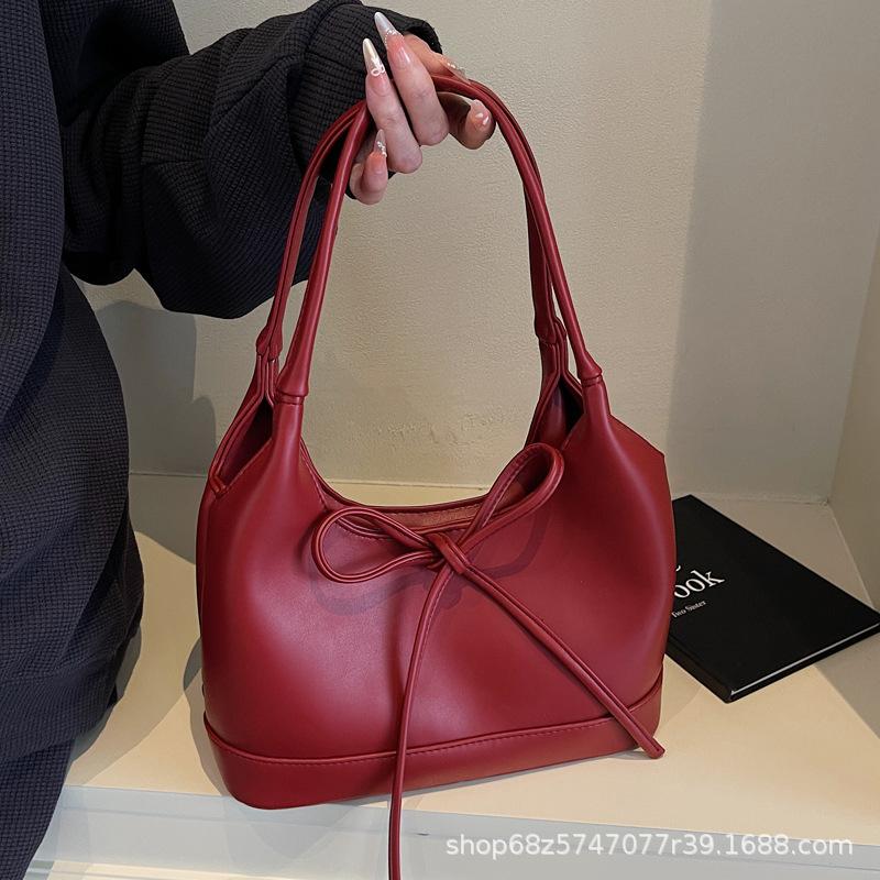 Versatile Bow Underarm Big Bag Women's 2025 New Fashion Oil Wax Leather Commuter Bag Retro Texture Tote Bag