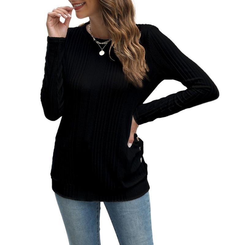 Женская осенне-зимняя матовая однотонная футболка с круглым вырезом и пуговицами, длинный рукав