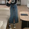 Women Retro Midi Skirt High Waist Button-Zipper Closure Denim Skirt Multi Pockets Front Slit Design Washed Denim Skirt