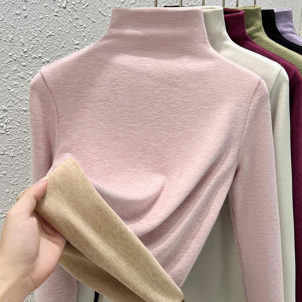 Autumn and Winter Women's Clothing Containing Wool and Silk Bottoming Shirt Women's Inner Heating Fleece Warm Turtleneck Top with Fleece and Thicker