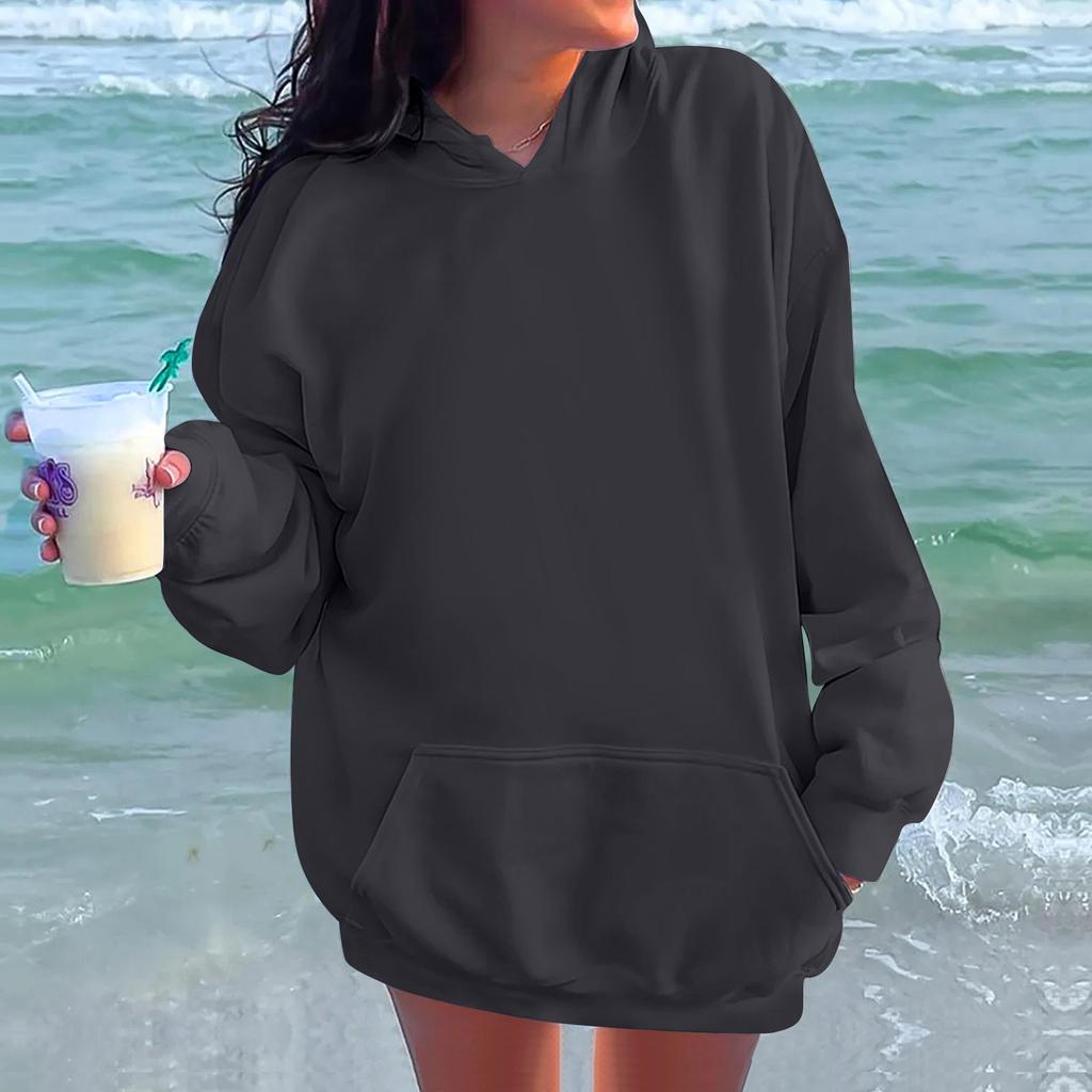 Женская модная повседневная толстовка с длинными рукавами и круглым вырезом с капюшоном, однотонная толстовка с прошитой нитью