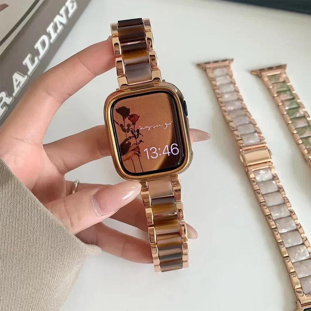 Ремешок из нержавеющей стали+смолы для Apple Watch 10 42 мм 46 Ultra 2 49 мм Женский браслет для IWatch 9 8 7 6 5 4 se 40 мм 38 мм 41 45 44 мм