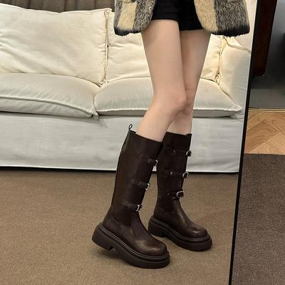 Мода 2024 Зимние Женские Сапоги до Колена на Толстой Подошве Модные Женские Сапоги на Плоской Подошве с Декоративной Пряжкой-Рукавом для Длинных Ног