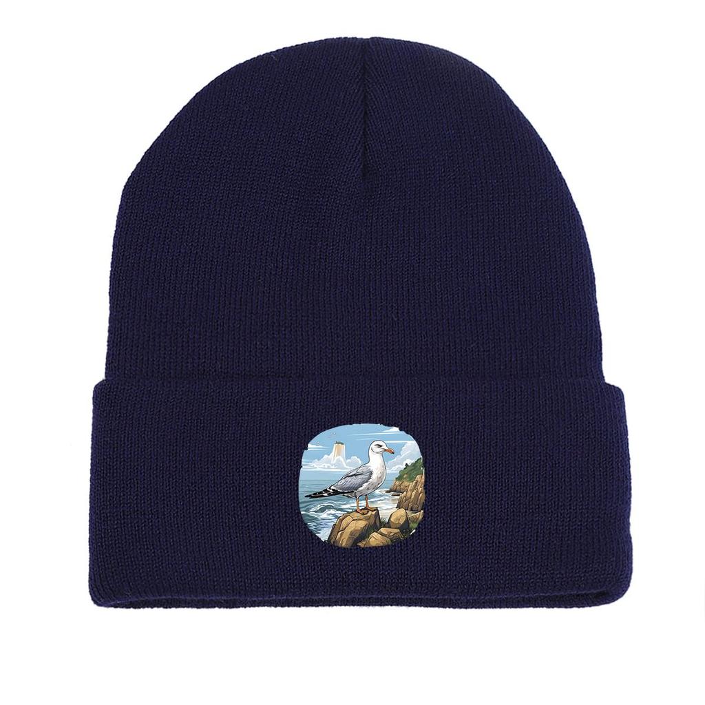 Зимняя вязаная шапка-бини Seaside Pigeon, шапка с животным для мужчин, осенняя эластичная простая шапка-боннет, вязаная шапка-бини