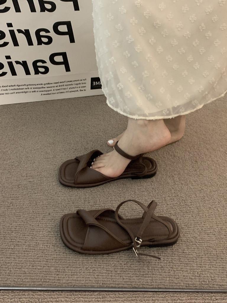 Fairy milky white open-toed sandals female flat-soled soft-soled vacation shoes