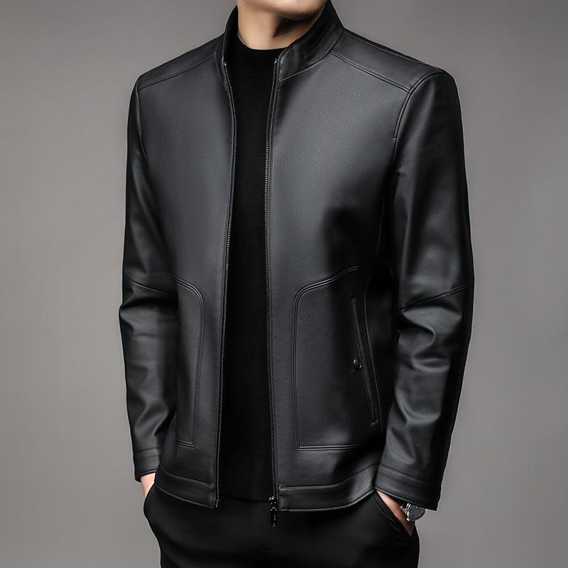 Мужская куртка из натуральной кожи, модная кожаная куртка для папы с воротником-стойкой, повседневная мужская куртка без необходимости глажки