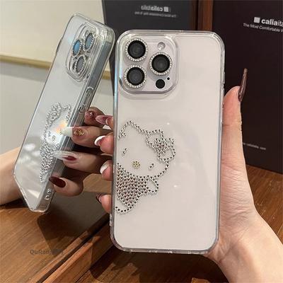 Милый Китти Кот Трехмерный Стразы Чехол Для Мобильного Телефона Для Iphone16Promax Прозрачный Apple 15 Сладкий И Легкая Роскошь 17